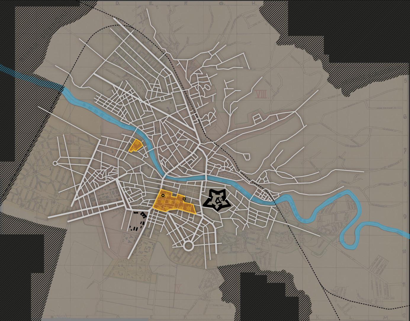 Marked with yellow are the city ghetto where the Nagyvárad Jews were crammed and the smaller, timber yard ghetto where Jews from the neighboring areas were concentrated by the Hungarian authorities.  In the city ghetto two dots indicate the site of imprisonment of the Zsolt-Rácz-Heyman family. The left one is 20 Szacsvay Street (today: Strada Cuza Voda) where Éva and the grandparents were incarcerated. The right one shows 2 Lilliom Street (today: Crinului), the former house and synagogue of the Hassidic rabbi where the ghetto hospital in 1944 was set up and where Éva’s mother and stepfather were assigned to. (Map: Béla Hegyi)